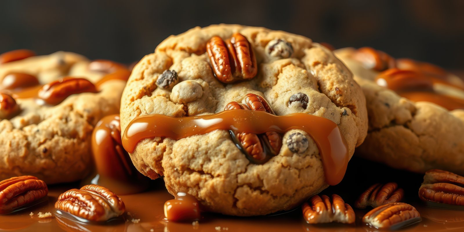 Delicious cookies with caramel drizzle and pecans placed on a wooden surface